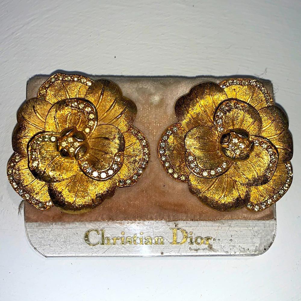 Vintage Christian Dior Large Crystal Rose Flower Large Clip on Earrings - Picture 1 of 12